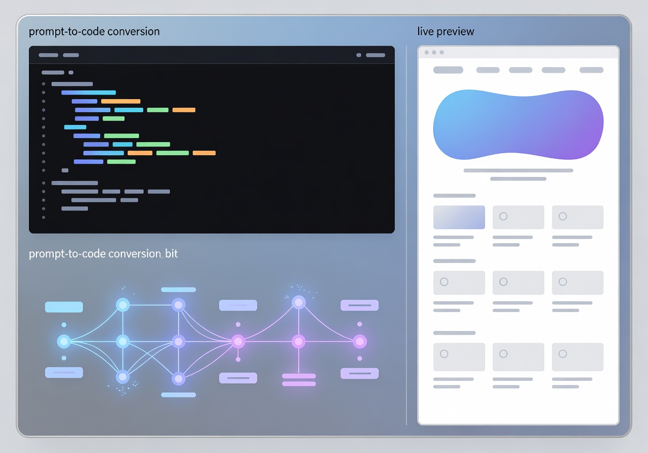 AI website generation dashboard showing prompt-to-code conversion with live preview